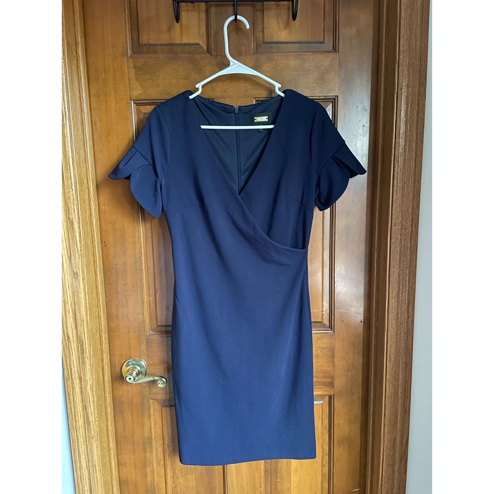 Women’s wrap-style pencil dress (blue, size small)